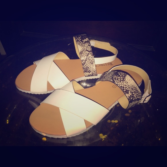 Restricted Shoes - Tan, White, & Snake Print Strap Summer Sandals | NWOT